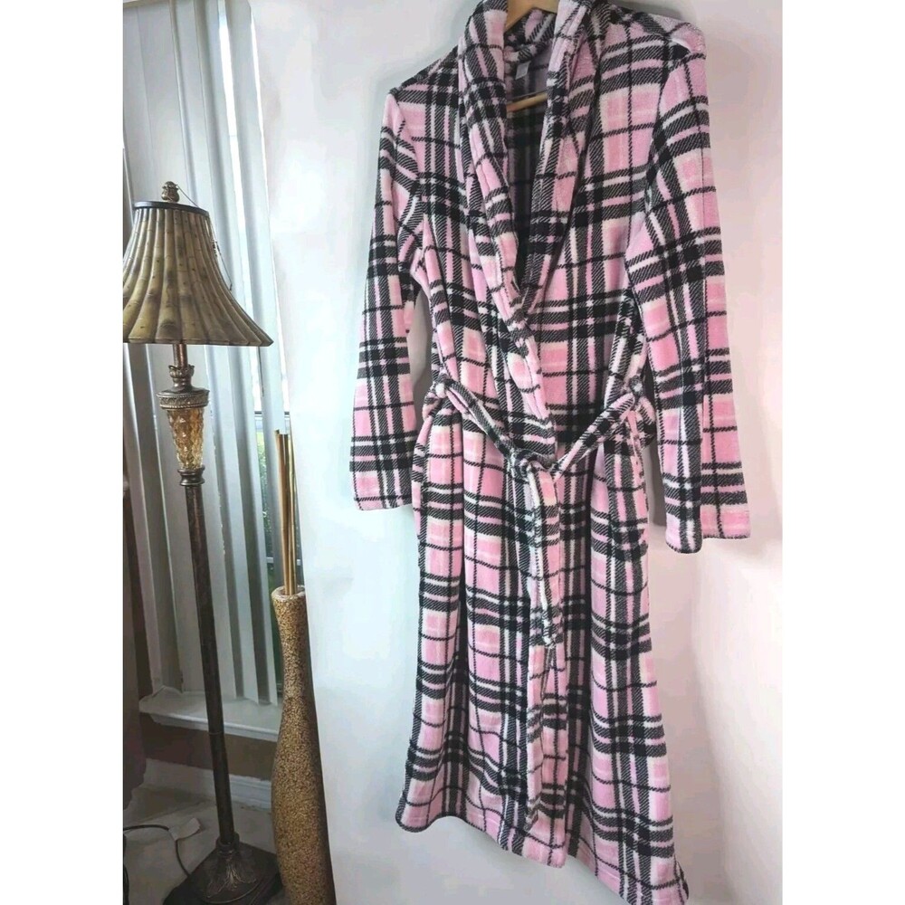 Womens Bath Robe Large Pink Plaid Fair Isle Barbie Dressing Gown Pool Coverup
